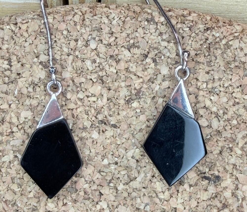 Vtg Onyx 925 Sterling Silver Signed TH SU Geometric Earrings Unique Asymmetric